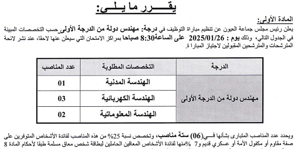 جماعة العيون (إقليم العيون) : مباريات لتوظيف 07 مناصب. آخر أجل 10 يناير 2025